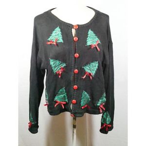Vtg Rebecca Stone Womens Button Up Christmas Trees Sweater Ribbons Size L